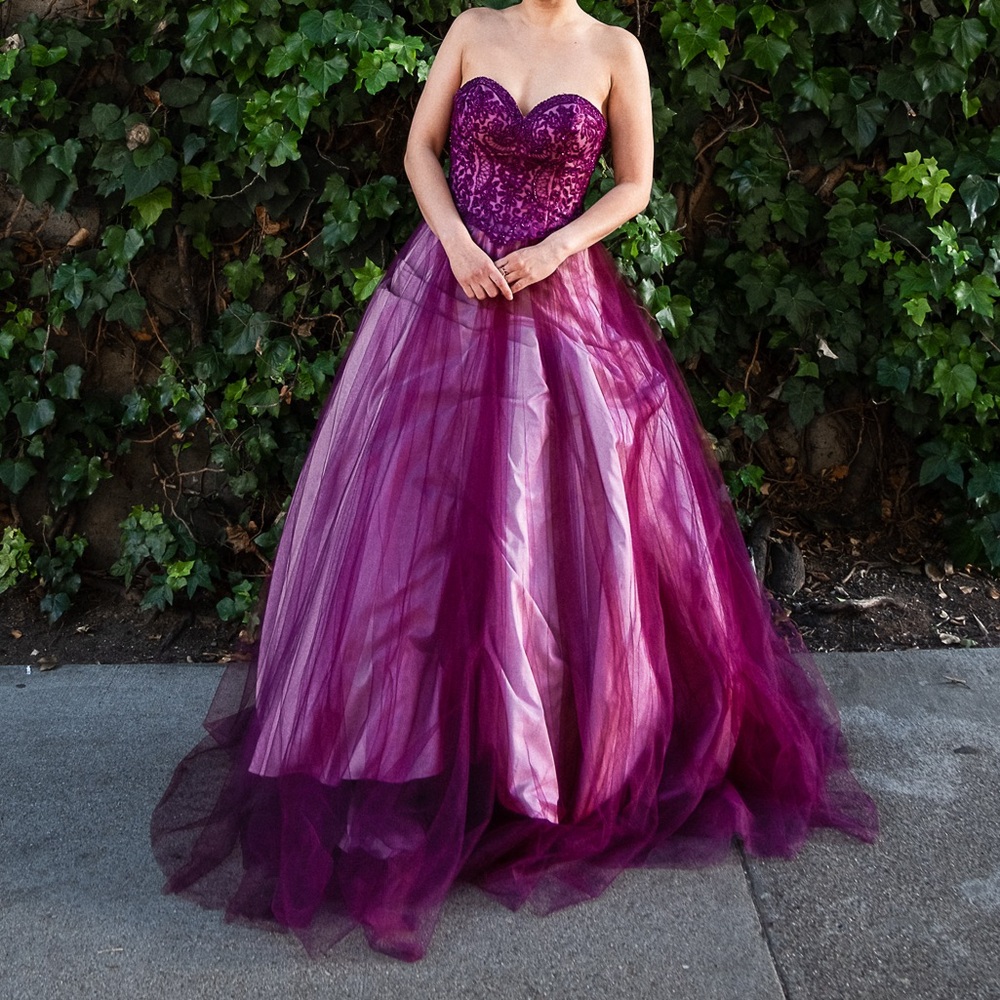 Alyce Paris Strapless Burgundy Ball Gown with Voluminous Tulle Skirt